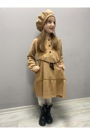 Kaşe Kumaş Şapkalı Kız Çocuk Elbise MNK0559