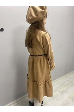 Kaşe Kumaş Şapkalı Kız Çocuk Elbise MNK0559
