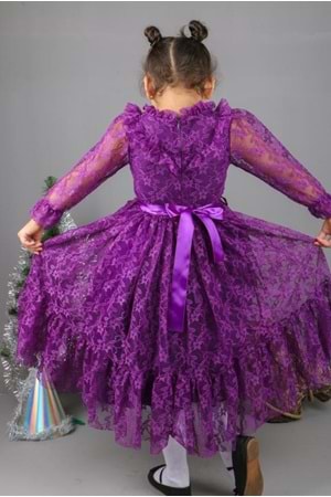 Çiçek Motif Dantelli Çocuk Tesettür Elbise MNK0580