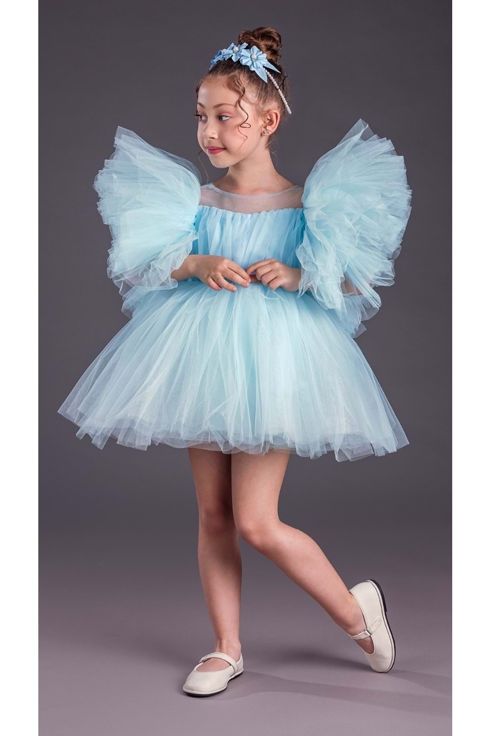 Tütü Etekli Kabarık Kollu Komotini Taçlı Kız Çocuk Abiye Elbise MNK0582