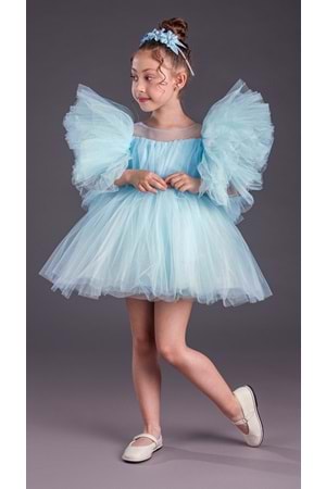 Tütü Etekli Kabarık Kollu Komotini Taçlı Kız Çocuk Abiye Elbise MNK0582