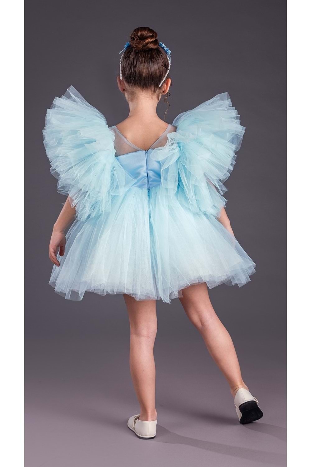 Tütü Etekli Kabarık Kollu Komotini Taçlı Kız Çocuk Abiye Elbise MNK0582