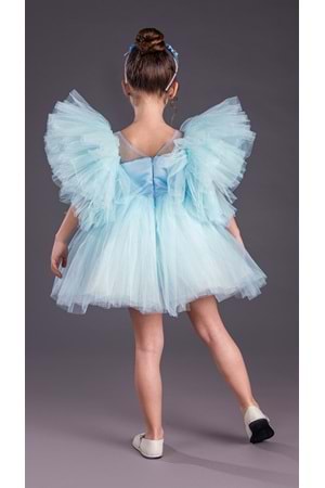 Tütü Etekli Kabarık Kollu Komotini Taçlı Kız Çocuk Abiye Elbise MNK0582