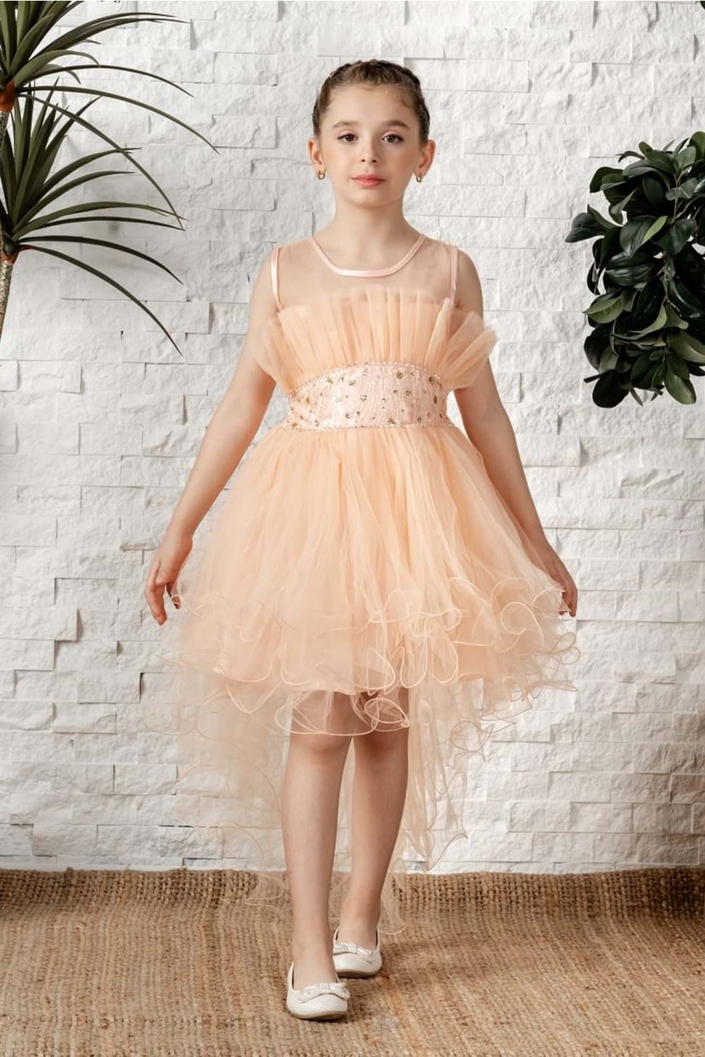 Uzun Kuyruk Tütülü Askılı Kız Filira Elbise MNK0584