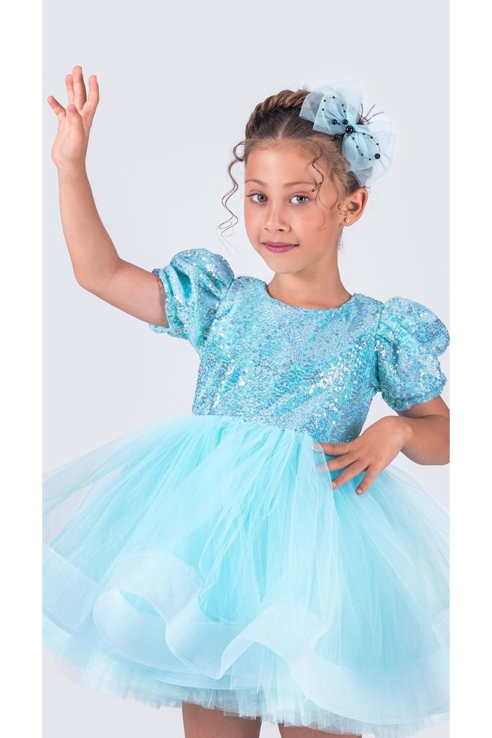 Tütü Gren Etekli Kız Çocuk Pul Payetli Kısa Kol Kikidi Elbise MNK0601