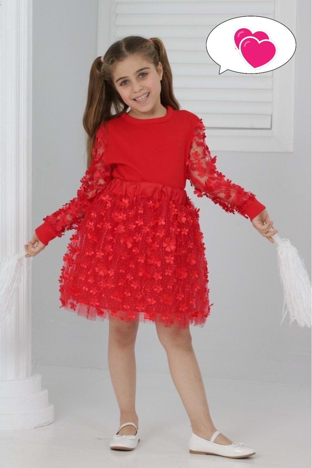 Kız Çocuk Nakışlı Tül Kumaş Elbise MNK0607