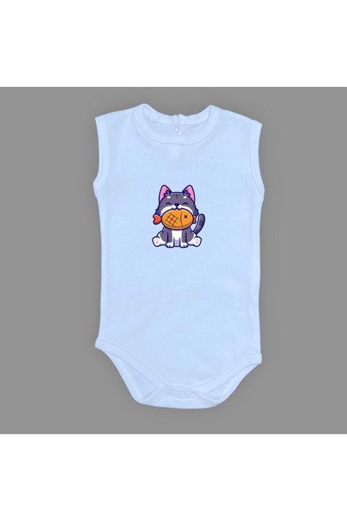 Baskılı Balıklı Kedi Bebek Çıtçıtlı Body - MNK0658-AÇIK MAVİ-1 YAŞ