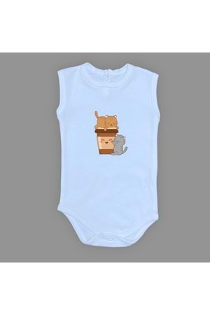 Baskılı Kahve Seven Kediler Bebek Çıtçıtlı Body - MNK0659-AÇIK MAVİ-1 YAŞ