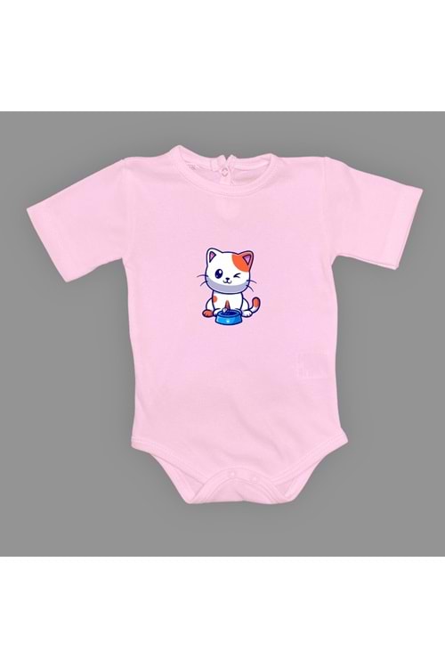 Baskılı Mama Yiyen kedi Bebek Çıtçıtlı Body - MNK0661-KOYU PEMBE-6 AY