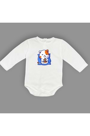 Baskılı Pizza Yiyen kedi Bebek Çıtçıtlı Body - MNK0662-EKRU-6 AY