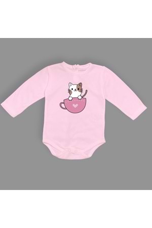 Baskılı Kalpli Fincan Kedi Bebek Çıtçıtlı Body - MNK0663-PEMBE-6 AY