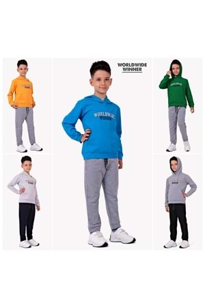 Worldwide Winner Nakış Kanguru Cepli Kapüşonlu Çocuk Eşofman MNK10073