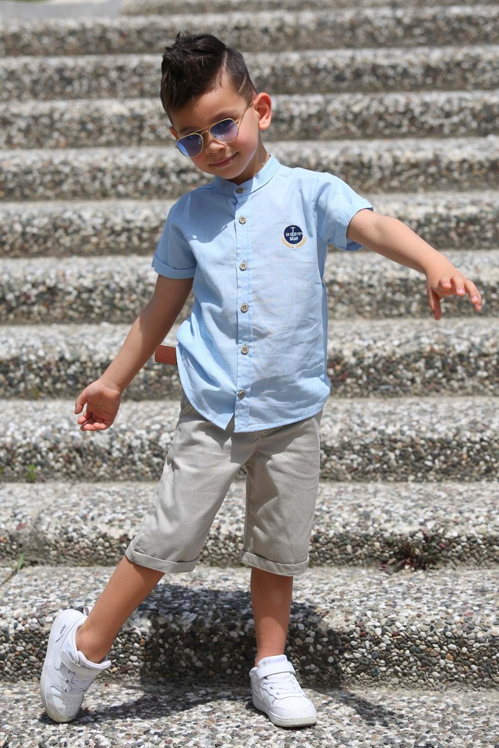 Keten Gömlek Dokuma Pantolon Kemerli Erkek Çocuk Takım MNK4306