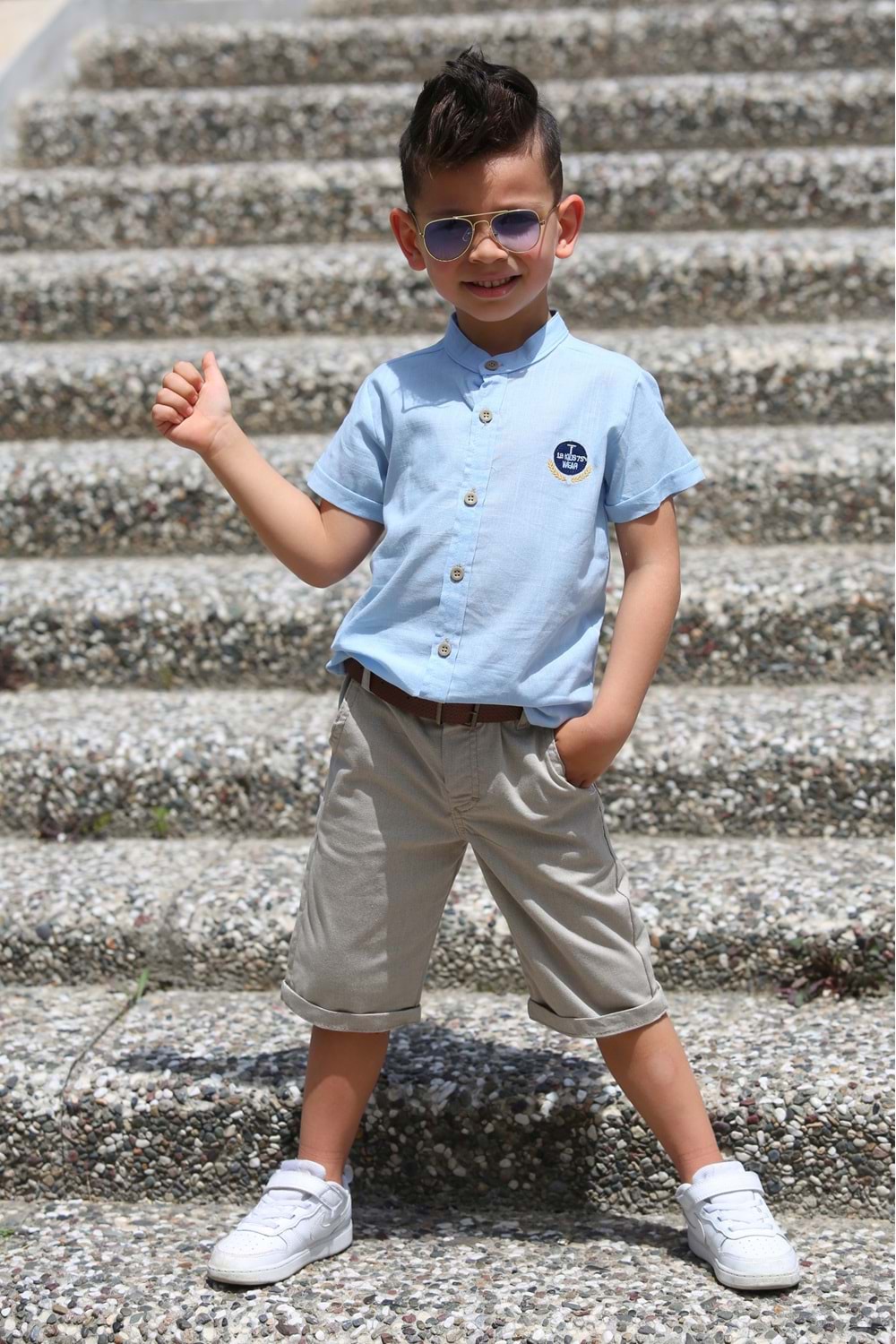 Keten Gömlek Dokuma Pantolon Kemerli Erkek Çocuk Takım MNK4306