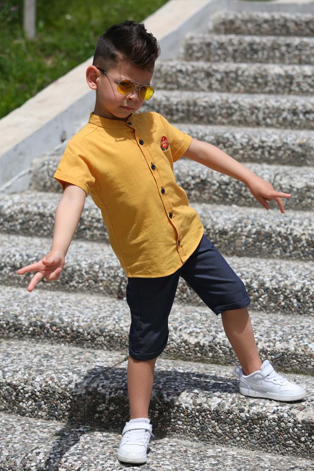 Keten Gömlek Dokuma Pantolon Kemerli Erkek Çocuk Takım MNK4306