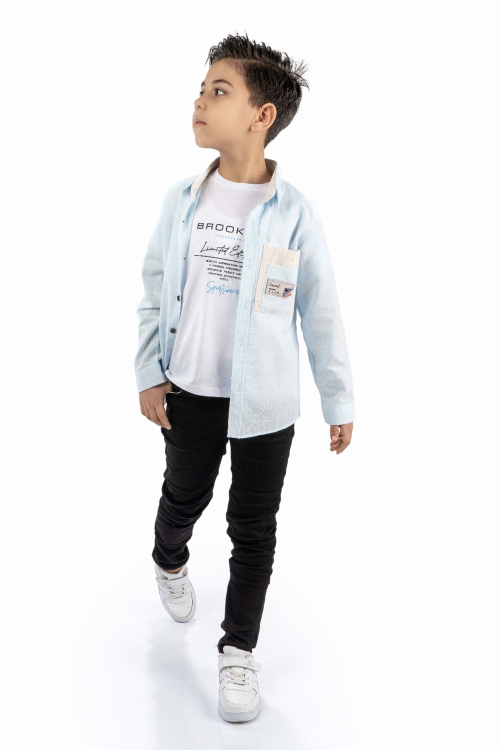 Çift Cepli Gömlek , Pantolon , T-Shirt 3Parça Pamuklu Erkek Çocuk Takım MNK965