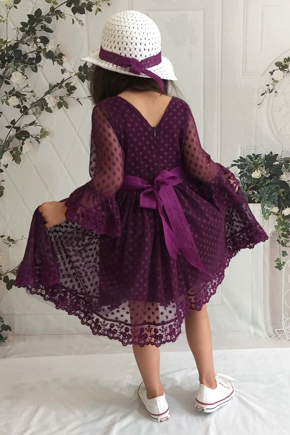 Mürdüm Renk 4 Yaş Şapkalı Dantelli Kız Çocuk Elbise