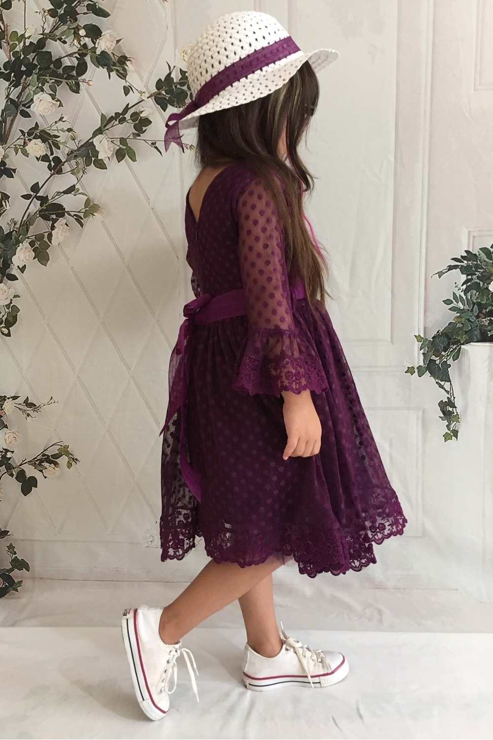 Mürdüm Renk 4 Yaş Şapkalı Dantelli Kız Çocuk Elbise