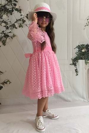 Pembe Şapkalı Dantelli 1 Yaş Kız Çocuk Elbise