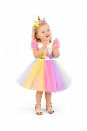 Rengarenk Etekli Taçlı Kız Çocuk Parti Elbisesi