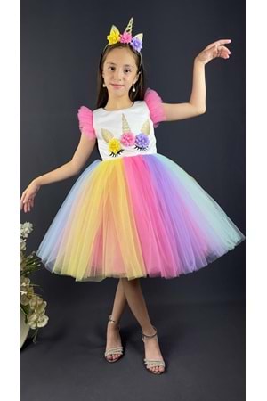 Rengarenk Etekli Taçlı Kız Çocuk Parti Elbisesi