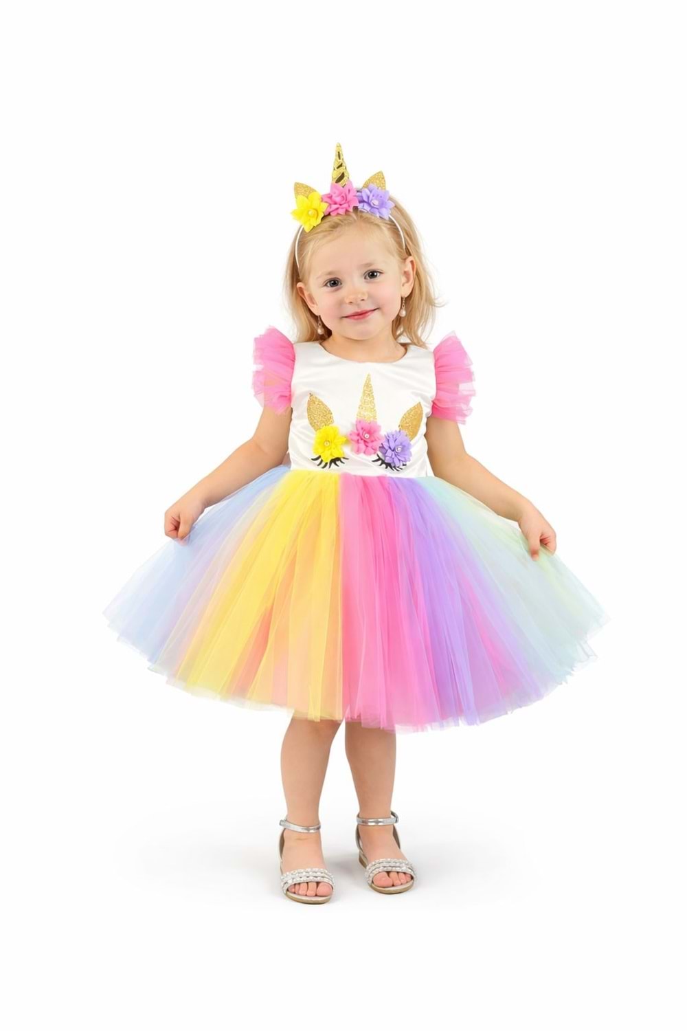 Rengarenk Etekli Taçlı Kız Çocuk Parti Elbisesi