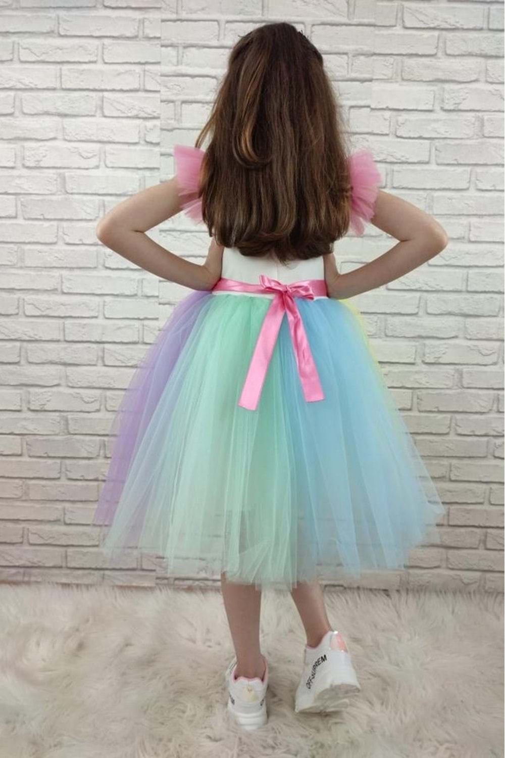 Rengarenk Etekli Taçlı Kız Çocuk Parti Elbisesi