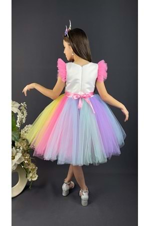 Rengarenk Etekli Taçlı Kız Çocuk Parti Elbisesi