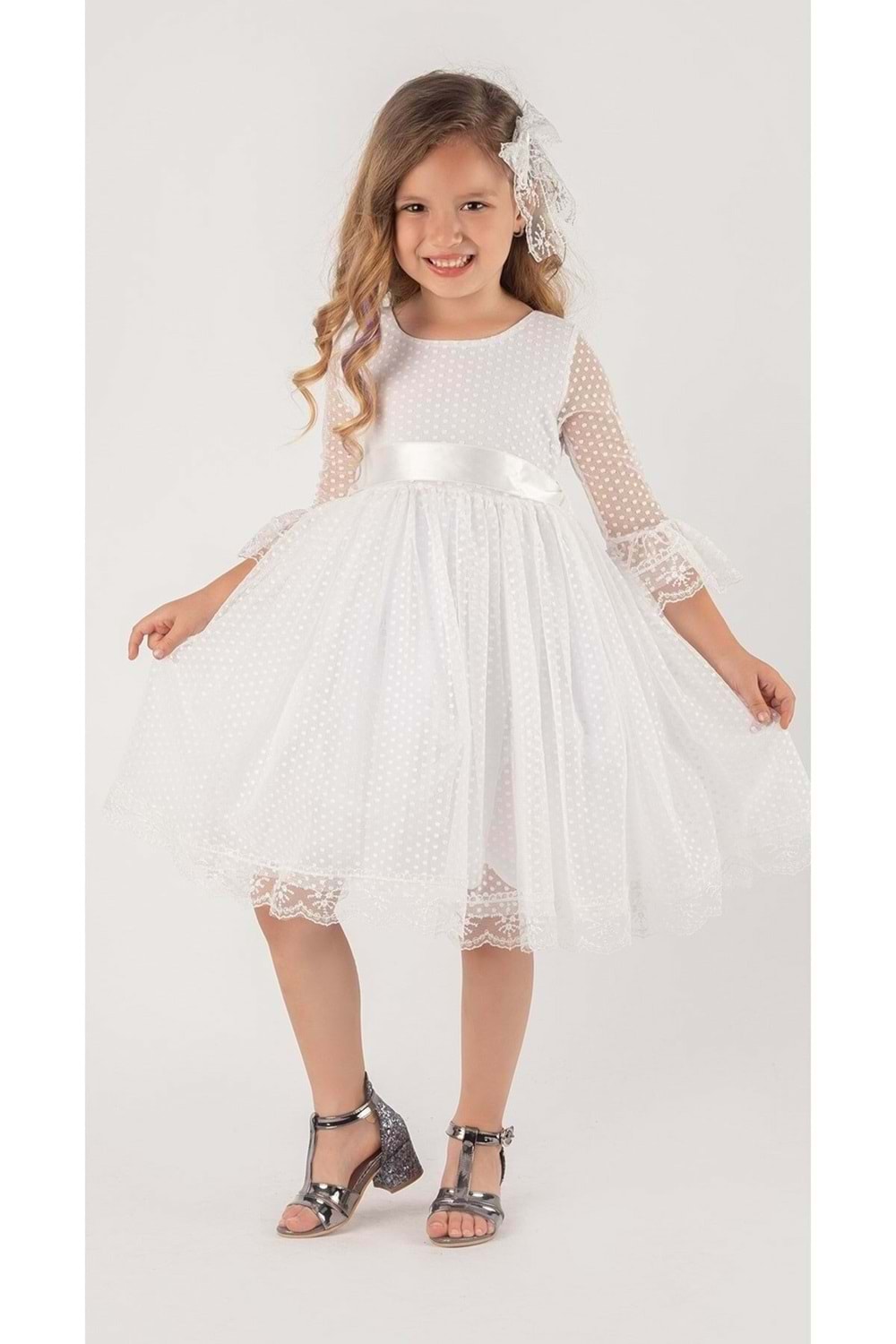 Beyaz Fransız Dantel Tokalı Kız Çocuk Elbise