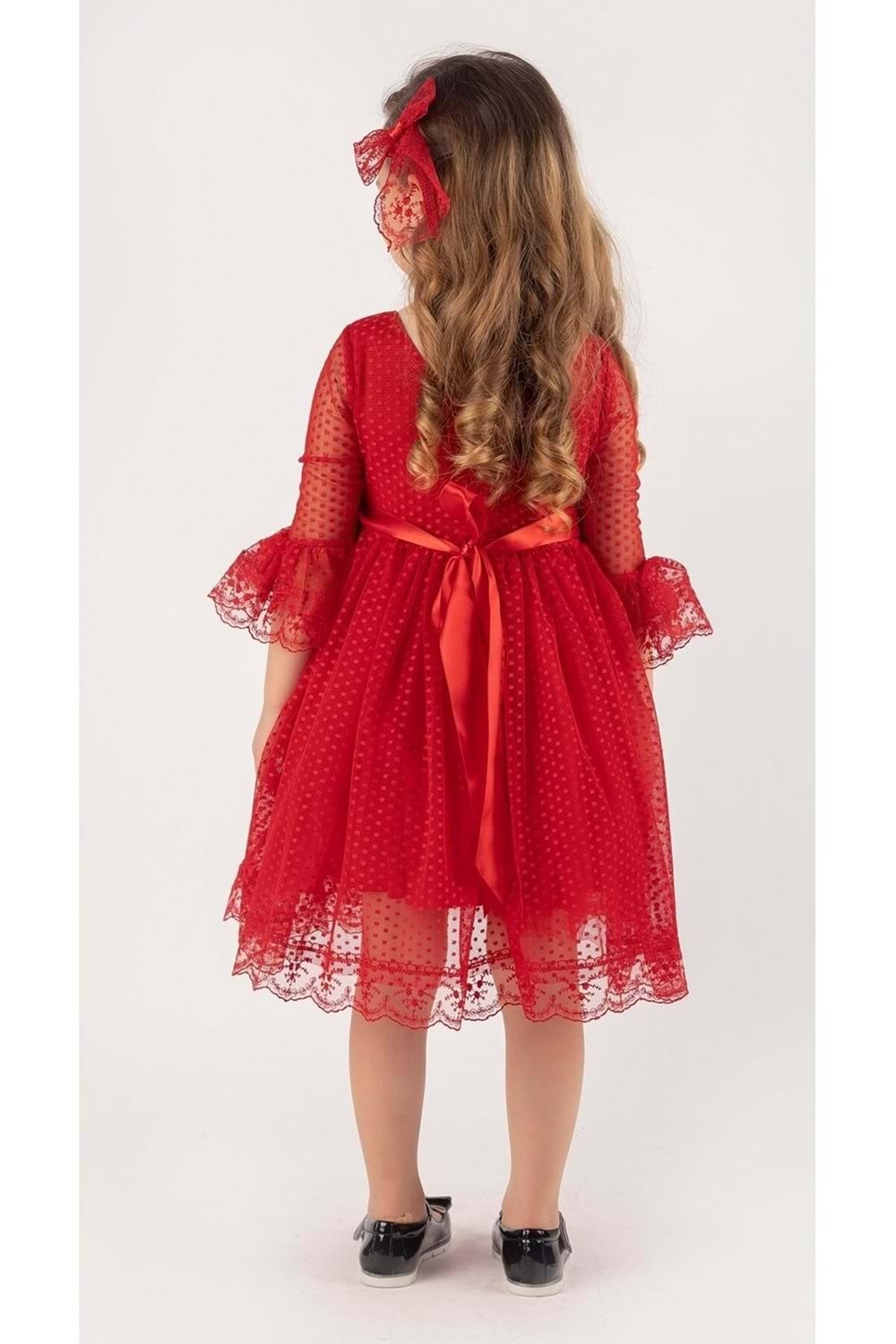 Kırmızı Fransız Dantel Tokalı Kız Çocuk Elbise
