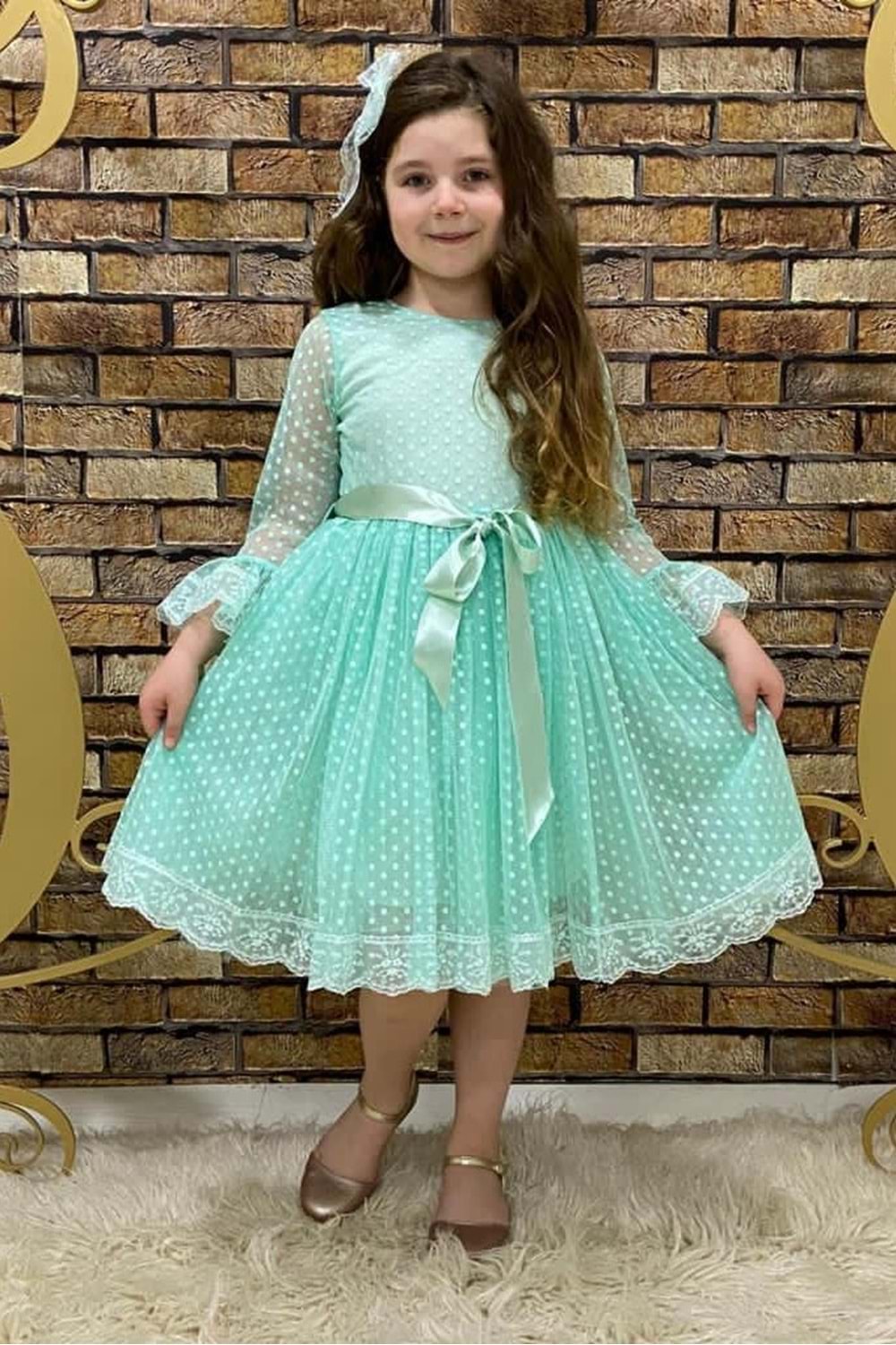 Rengarenk Fransız Dantel Tokalı Kız Çocuk Elbise