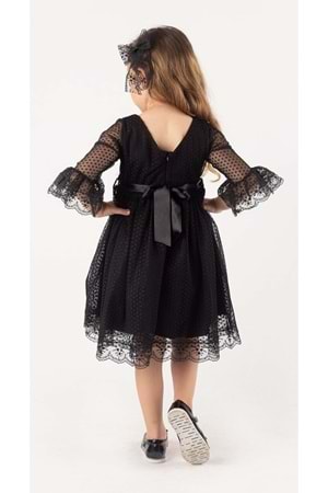 Siyah Fransız Dantel Tokalı Kız Çocuk Elbise