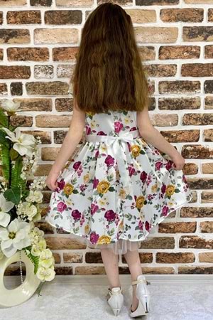 Gül Desen Pamuk Saten Saç Tokalı Kız Çocuk Elbise